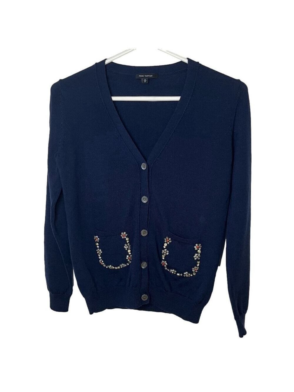 PINK TARTAN Bejeweled Cardigan Sweater Navy Blue V-neck Rhinestone Flowers Small